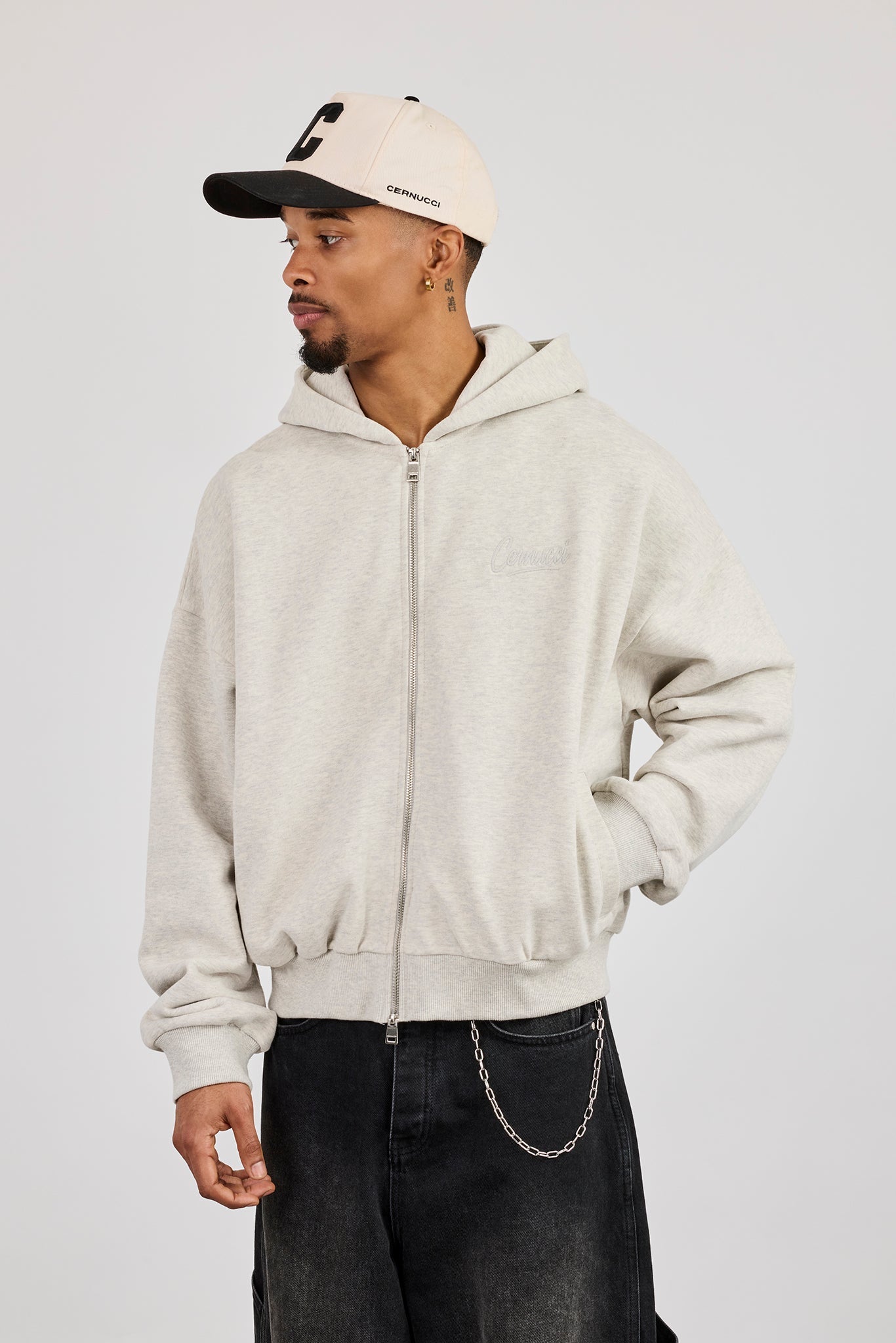 Cernucci Script Boxy Zip Through Hoodie - Ash Grey
